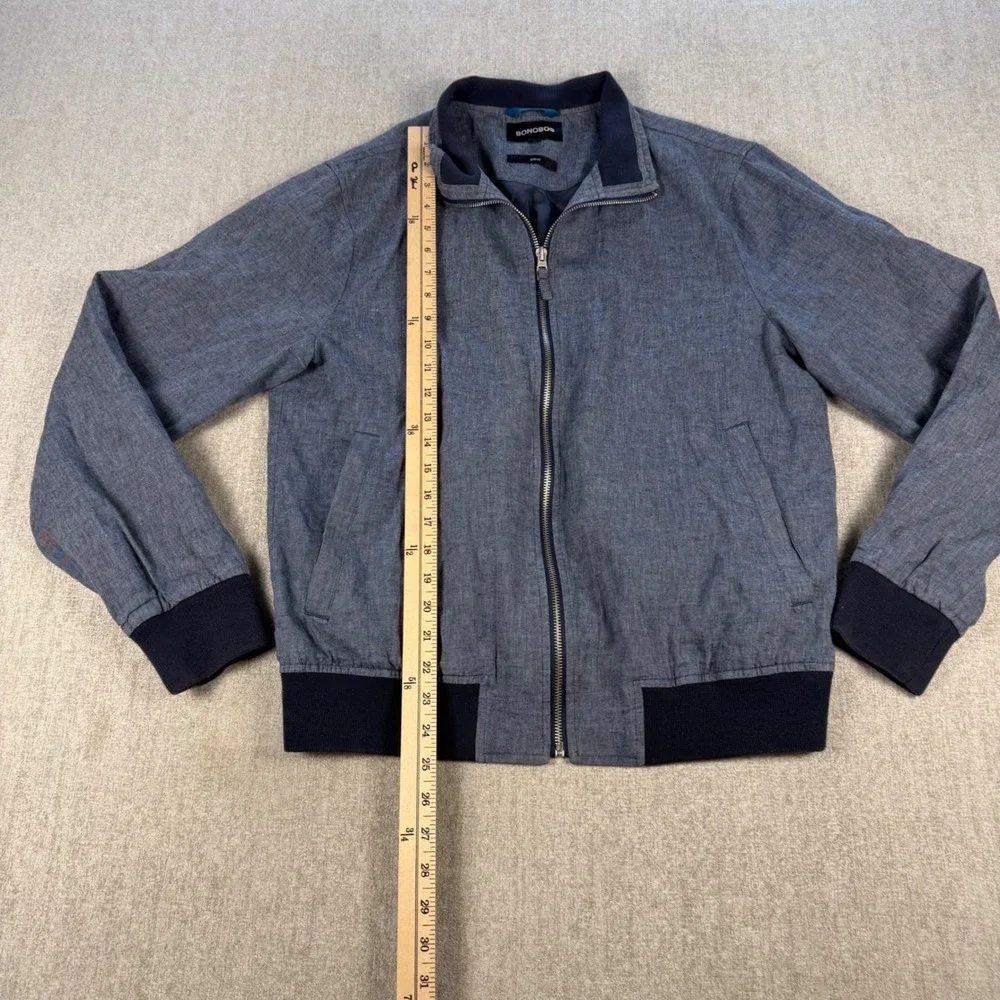 Bonobos Bomber Jacket Men M Gray Blue Linen Cotton Blend Zip Harrington